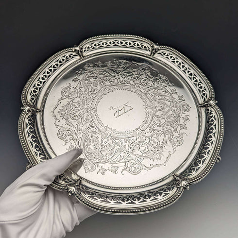 1870 British Antique Sterling Silver Salva Diameter 26cm 523g Henry Holland