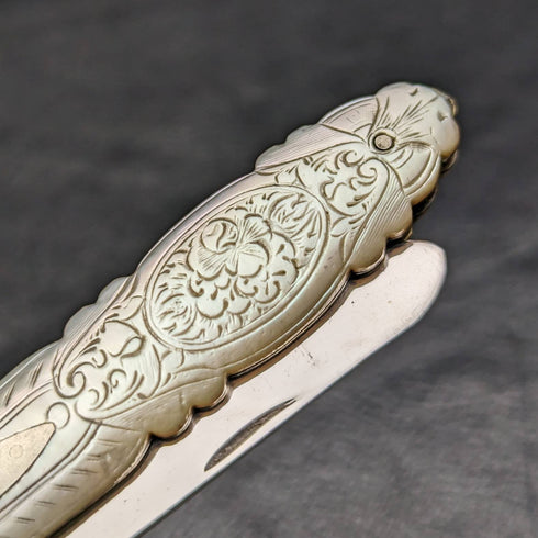 1912 年英國古董白珍珠貝殼手柄純銀刀片折疊筆刀