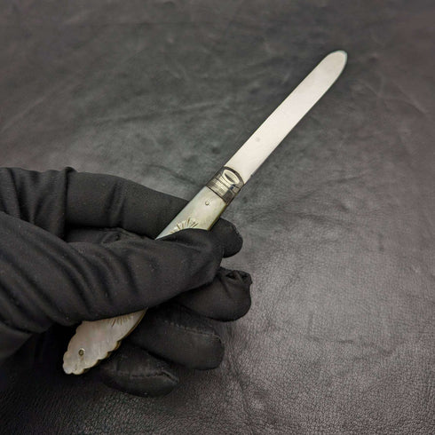 1912 British Antique White Pearl Shell Handle Pure Silver Blade Folding Pen Knife
