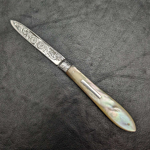 1902 British Antique White Pearl Shell Handle Pure Silver Engraving Blade Folding Pen Knife