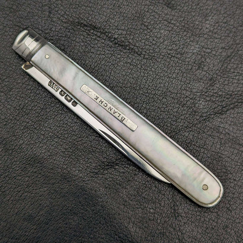1890 British Antique White Pearl Shell Handle Pure Silver Blade Folding Pen Knife