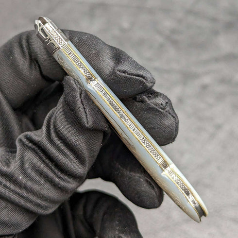 1910 British Antique White Pearl Shell Handle Pure Silver Engraving Blade Folding Pen Knife