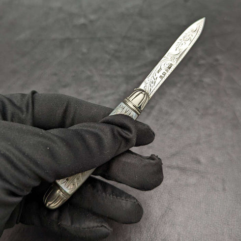 1916 British Antique White Pearl Shell Handle Pure Silver Engraving Blade Folding Pen Knife
