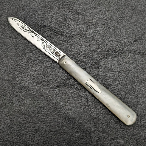 1924 年英國古董白珍珠貝殼手柄純銀雕刻刀片折疊筆刀