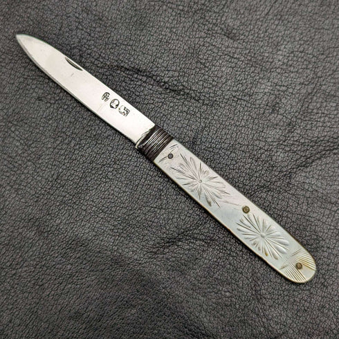 1818 British Antique White Pearl Shell Handle Pure Silver Blade Folding Pen Knife