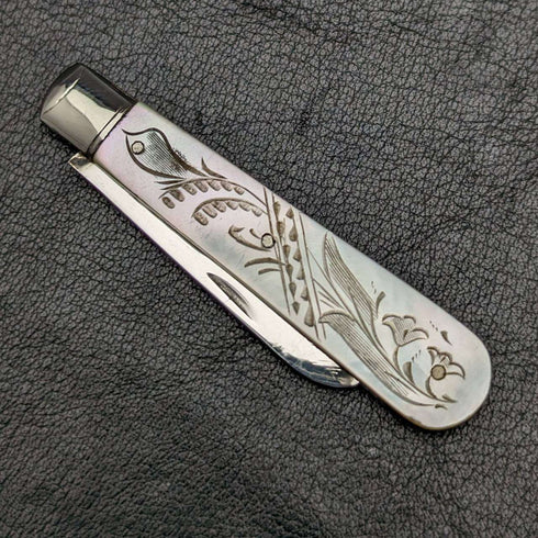 1926 British Vintage White Pearl Shell Handle Pure Silver Blade Folding Pen Knife