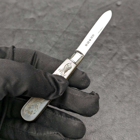 1926 British Vintage White Pearl Shell Handle Pure Silver Blade Folding Pen Knife