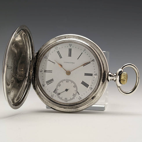 Around 1907 Antique Longines pocket watch flower engraving silver side hunter case works well