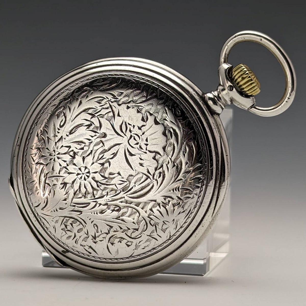 1907年頃 アンティーク ロンジン 懐中時計 花彫刻銀側ハンターケース