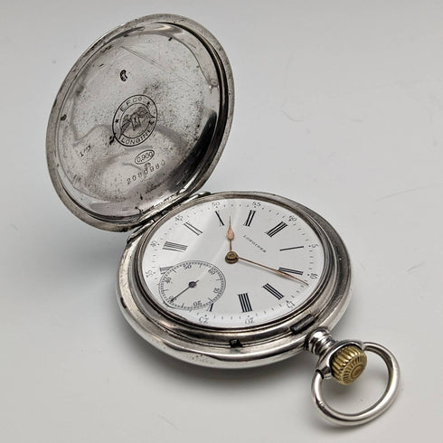 Around 1907 Antique Longines pocket watch flower engraving silver side hunter case works well