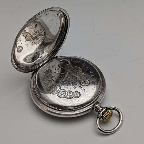 Around 1907 Antique Longines pocket watch flower engraving silver side hunter case works well