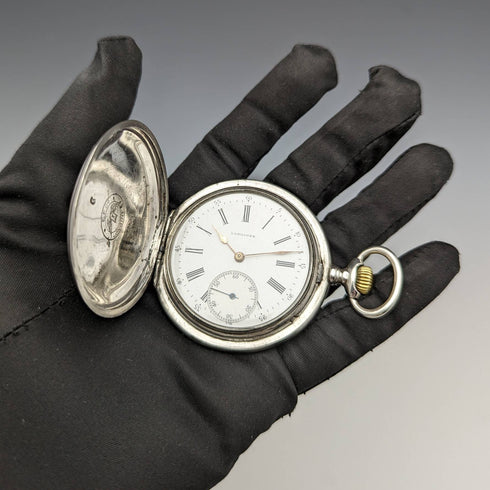 Around 1907 Antique Longines pocket watch flower engraving silver side hunter case works well