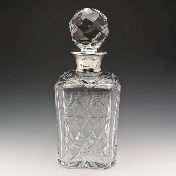1977 British Vintage Cut Glass Square Decanter Pure Silver Decoration 2000g