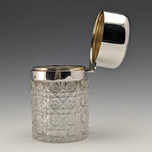 1896 British antique pure silver lid cut glass jar 300g