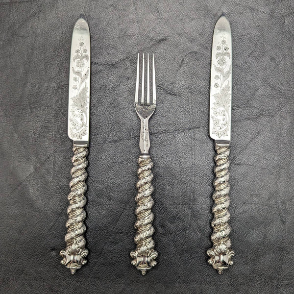 英國古董純銀手柄餐具(刀 x2 叉子 x1)MARTIN HALL
