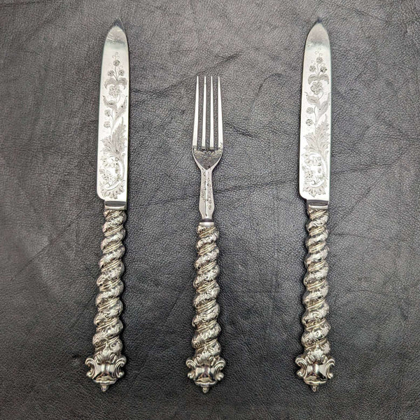 British Antique Solid Silver Handle Cutlery (Knife x2 Fork x1) MARTIN HALL