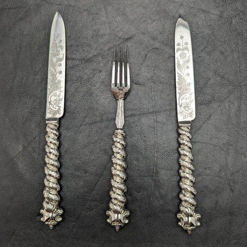 British Antique Solid Silver Handle Cutlery (Knife x2 Fork x1) MARTIN HALL