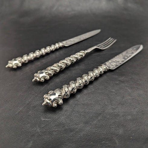 British Antique Solid Silver Handle Cutlery (Knife x2 Fork x1) MARTIN HALL