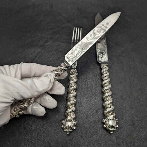 British Antique Solid Silver Handle Cutlery (Knife x2 Fork x1) MARTIN HALL