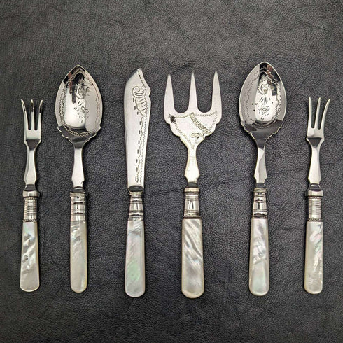 British vintage silver plate dessert cutlery set white butterfly shell handle