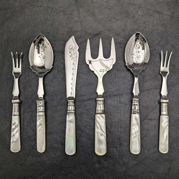 British vintage silver plate dessert cutlery set white butterfly shell handle