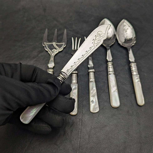 British vintage silver plate dessert cutlery set white butterfly shell handle