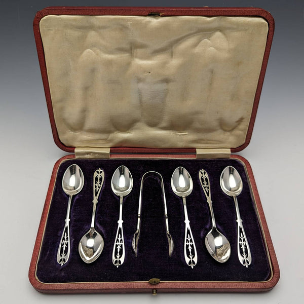 1907 British antique sterling silver teaspoon 6 & sugar tong set in case James Dixon