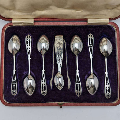 1907 British antique sterling silver teaspoon 6 & sugar tong set in case James Dixon