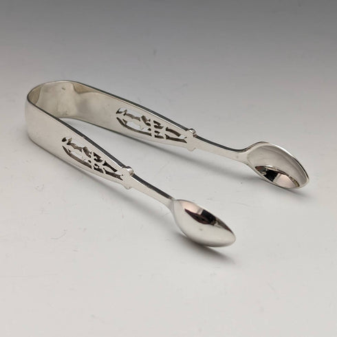 1907 British antique sterling silver teaspoon 6 & sugar tong set in case James Dixon