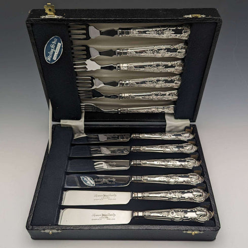 1975年 英国ヴィンテージ 純銀製ハンドル テーブルカトラリー 6ペアセット ケース入