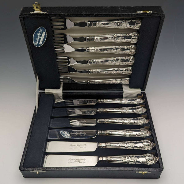 1975 British vintage sterling silver handle table cutlery 6 pair set in case