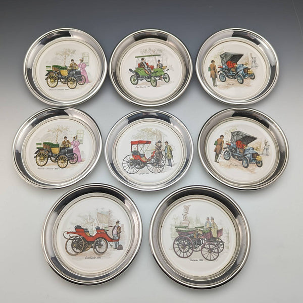 Set of 8 British Vintage Silver Plated Classic Car Printed Coasters