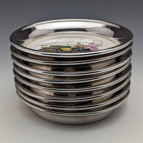 Set of 8 British Vintage Silver Plated Classic Car Printed Coasters