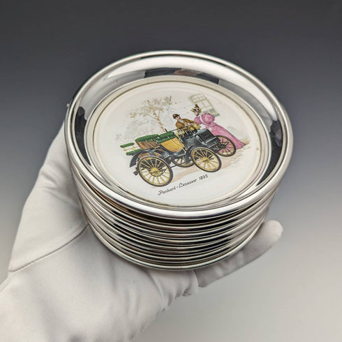 Set of 8 British Vintage Silver Plated Classic Car Printed Coasters