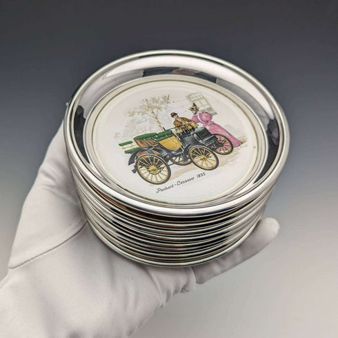 Set of 8 British Vintage Silver Plated Classic Car Printed Coasters