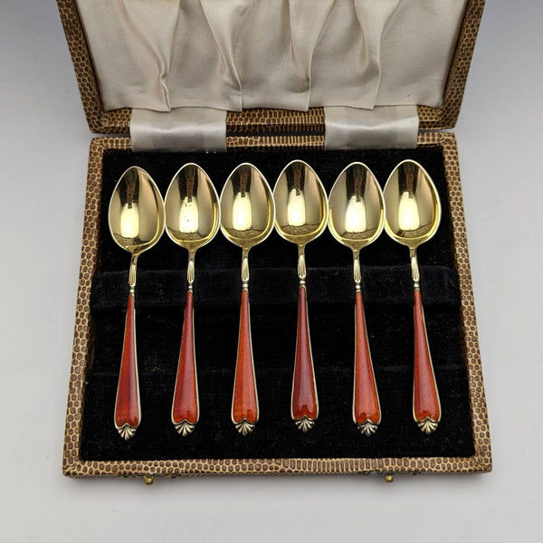 1955 British Vintage Sterling Silver Teaspoon Set of 6 Enamel Decorated Case