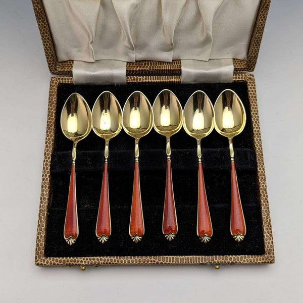 1955年 英国ヴィンテージ 純銀製ティースプーン6本セット エナメル装飾 ケース入り