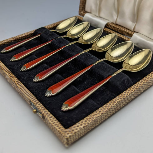 1955年 英国ヴィンテージ 純銀製ティースプーン6本セット エナメル装飾 ケース入り