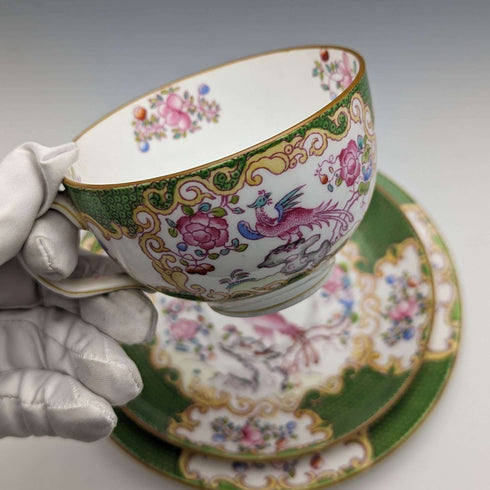First half of the 20th century British Minton Teacup Trio Cockatrice Green with translation