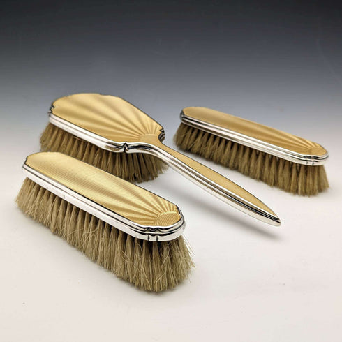 1939 British Vintage Sterling Silver Handle Brush Set of 3 with Enamel Decoration