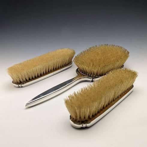 1939 British Vintage Sterling Silver Handle Brush Set of 3 with Enamel Decoration