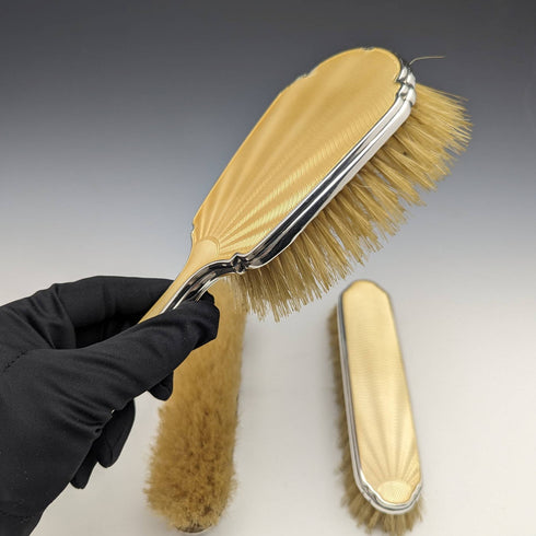 1939 British Vintage Sterling Silver Handle Brush Set of 3 with Enamel Decoration