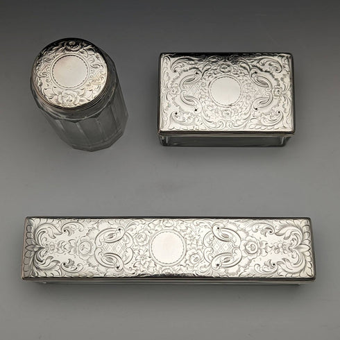 1863 British Antique Sterling Silver Lid Glass Vessel Set of 3 Pittway Brothers