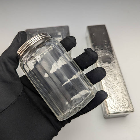 1863 British Antique Sterling Silver Lid Glass Vessel Set of 3 Pittway Brothers