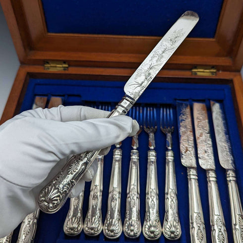 1856 British antique sterling silver cutlery 6 pair set boxed Harrison Brothers