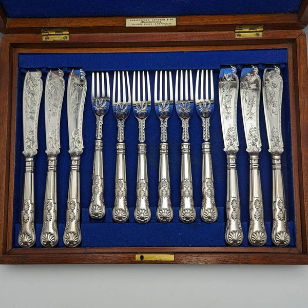 1870 British Antique Sterling Silver Fish Cutlery 6 Pair Set Boxed William Marshall