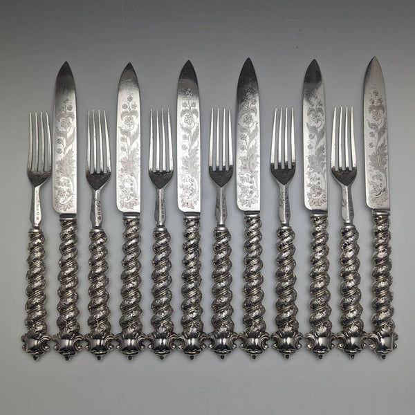British Antique Solid Silver Handle Cutlery 6 Pair Set MARTIN HALL