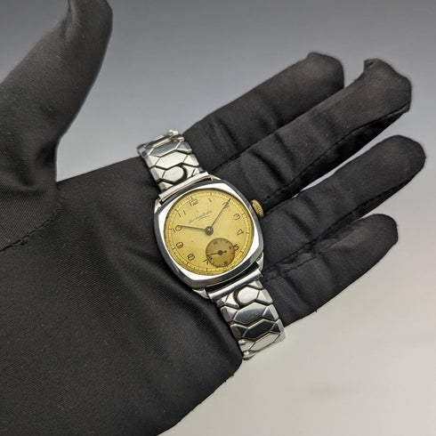 1946年 英国ヴィンテージ ラッセル 腕時計 純銀ケース 蛇腹ベルト 動作良好