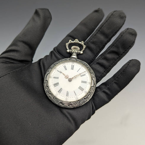 アンティーク スイス製無銘 懐中時計 浮彫彫刻シルバープレートケース 動作良好