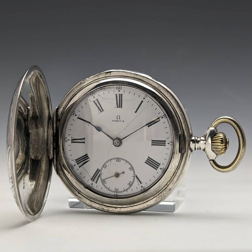 Around 1910 Antique Omega pocket watch Flower engraving Silver side hunter case Works well